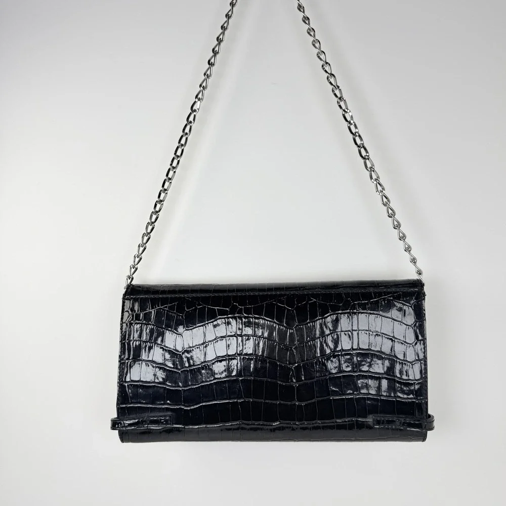 GUESS Black Croc Embossed Shoulder Bag Silver Chain Strap Vintage Y2K Purse